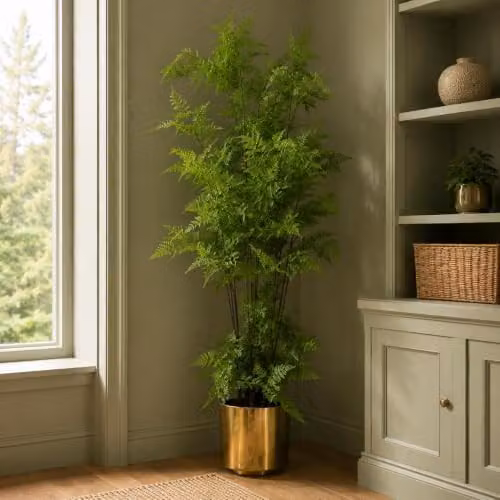 Leaf Design UK Artificial Moss Base Fern Foliage Plant with Gold Planter, Green, Height: 150 cm – 1