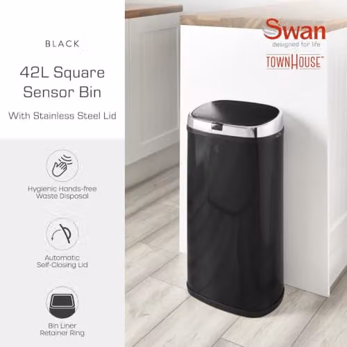 Swan Townhouse Square Sensor Bin, Black, W: 25.0 cm, D: 34.0 cm, H: 62.0 cm – 2