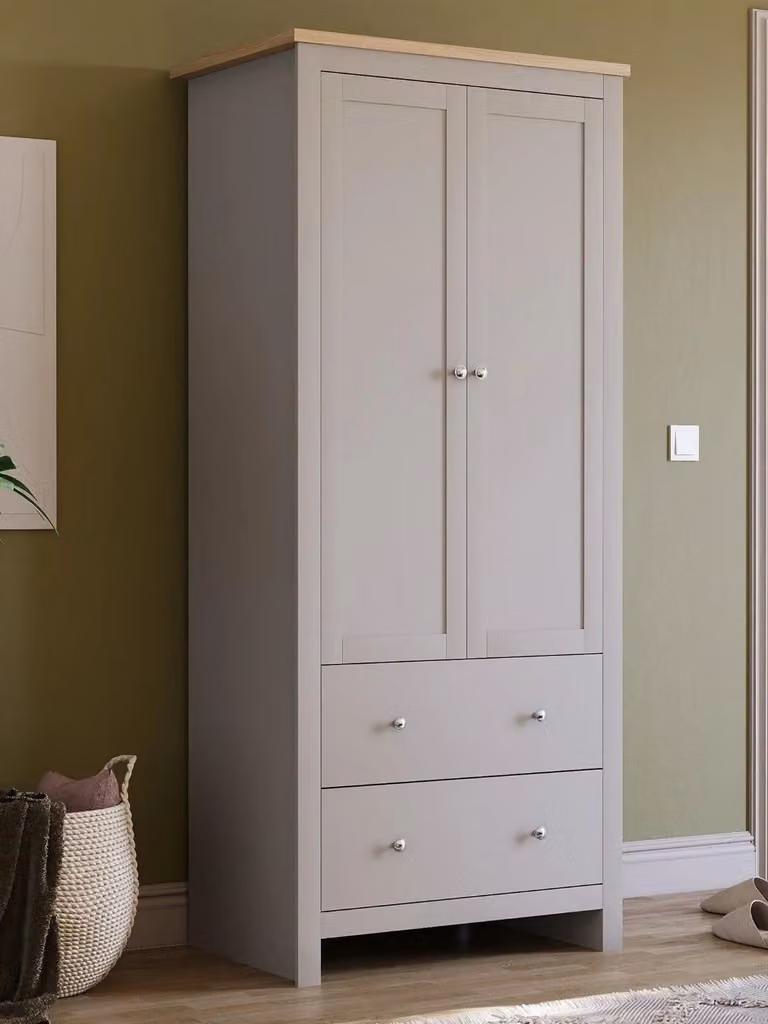 Vida Designs Arlington 2 Door 2 Drawer Wardrobe in Grey, H 180 x W 79 x D 52 cm