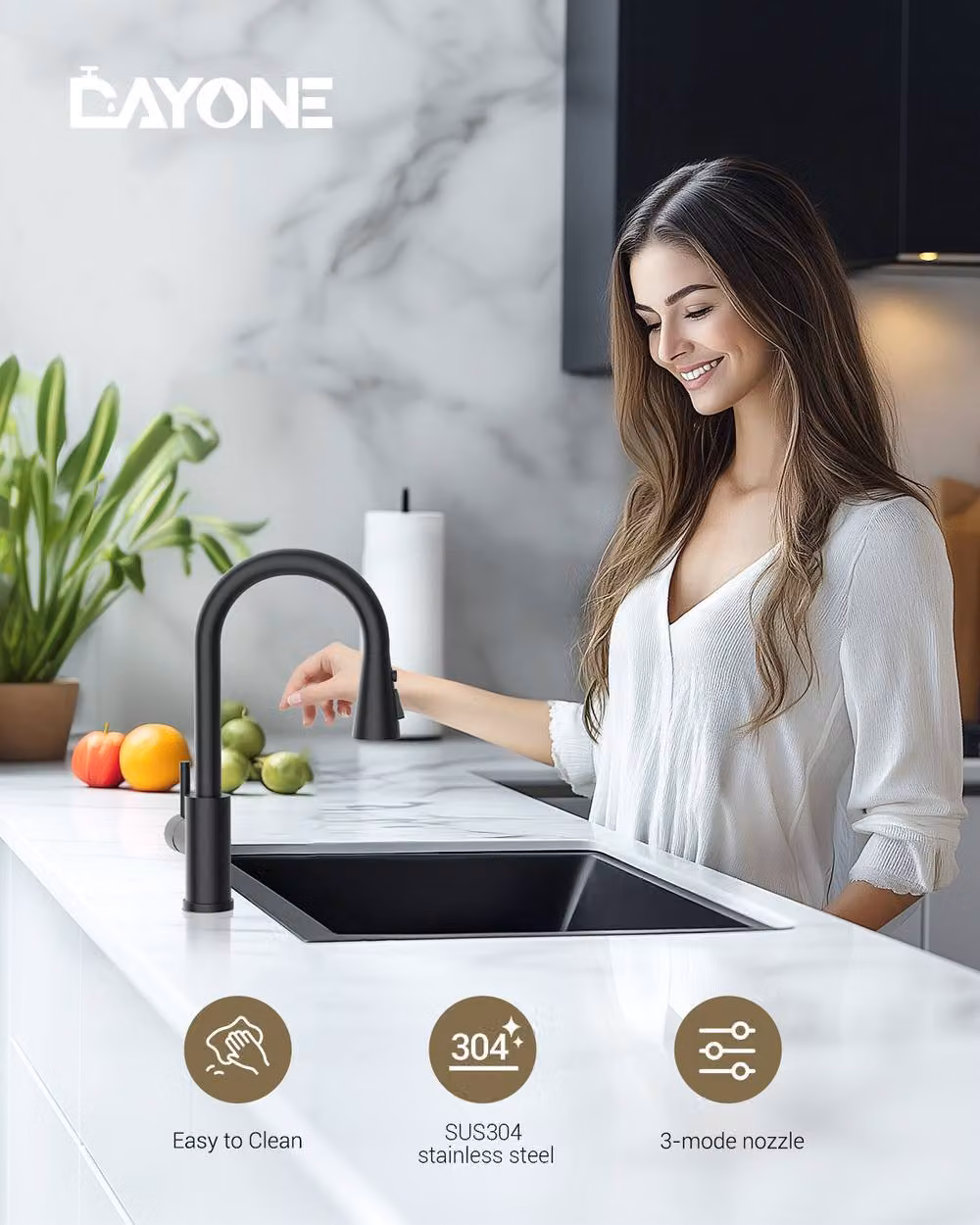 Dayone Sleek Stainless Steel Kitchen Mixer Tap with Pull Out Spray and 360 Degree Swivel Spout, Matt Black – 2