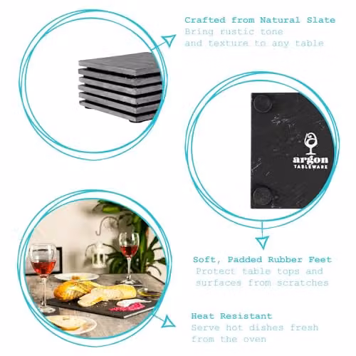 Argon Tableware Square Slate Placemats and Coasters, 12 Piece Set, Black or Grey, 33 cm – 2