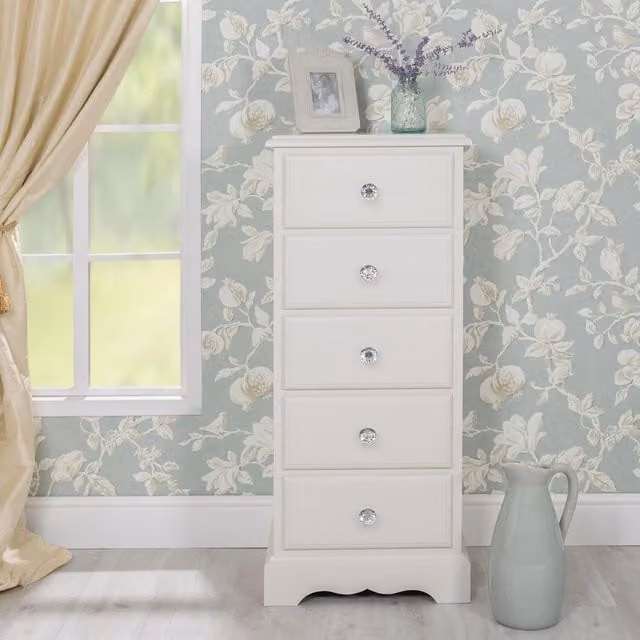 Statement Furniture Romance Tallboy Narrow Chest in Antique White with Diamond Shape Crystal Handles