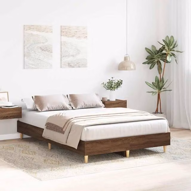 Berkfield Home Durable Oak and Eucalyptus Bed Frame, Brown, W/D/H: 140 x 190 cm