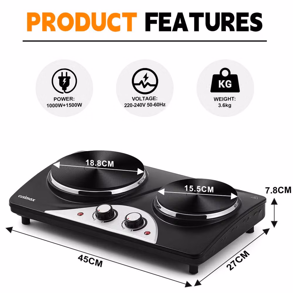 Cusimax Silver Double Cast Iron Hot Plate with Indicator Lights, 2500W, Black – 3