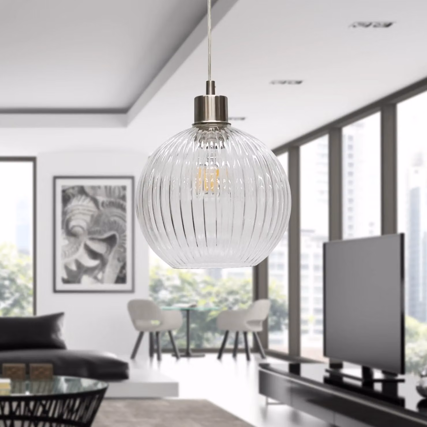 First Choice Lighting Betchley Set of 2 Pendant Lights with Transparent Ribbed Glass Globes and Silver Satin Nickel Finish – 3