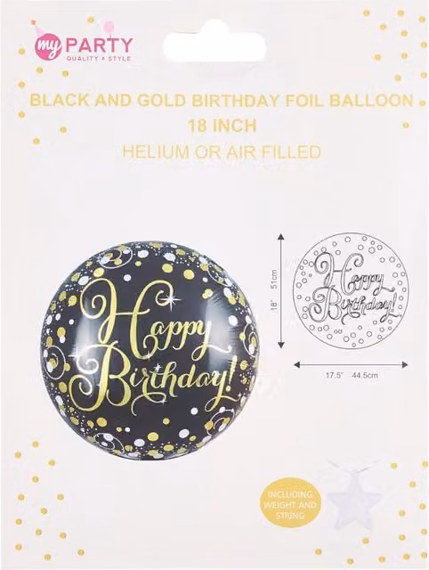 My Party Black and Gold Birthday Foil Balloon with Dotted Round Letters