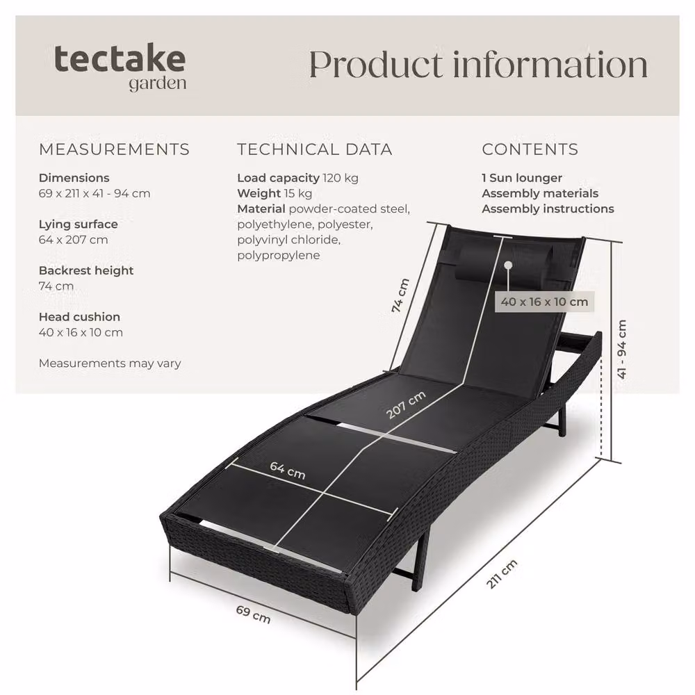 tectake Moana 1 Seater Rattan Sun Lounger in Black – 6