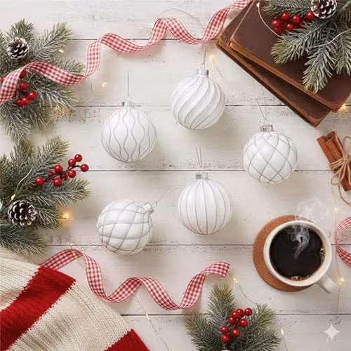 Shatchi 12-Piece Set of White and Silver Glass Christmas Baubles with Abstract and Geometric Designs, Diameter: 8 cm – 7