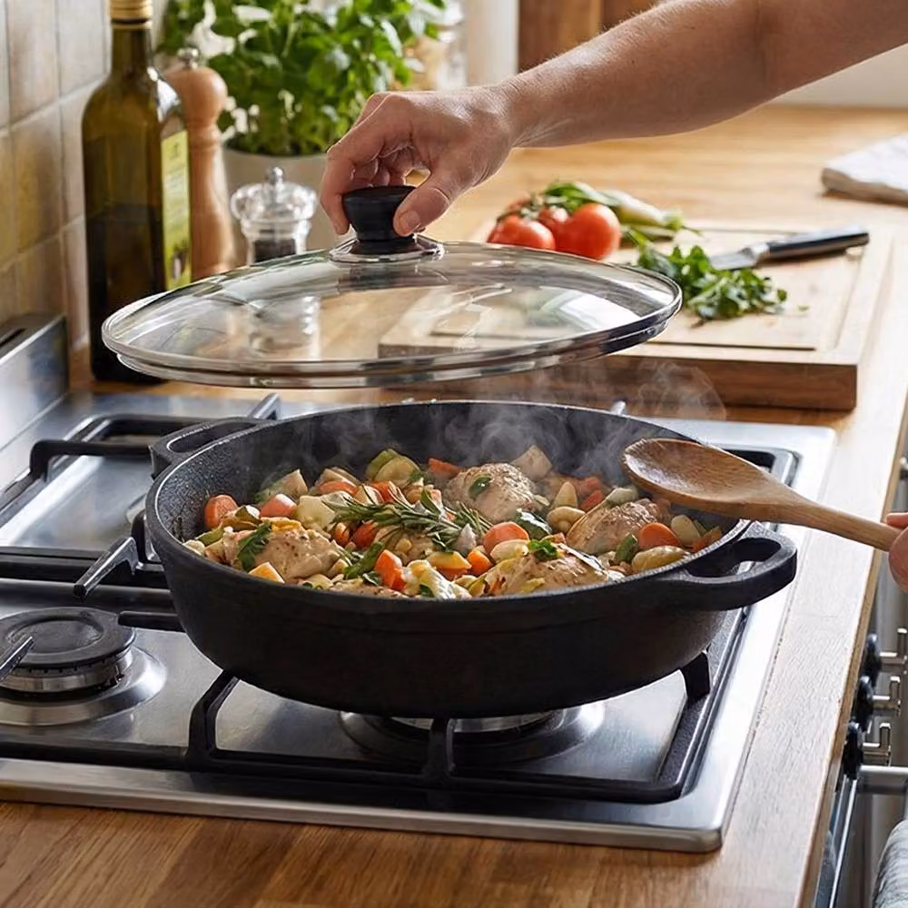 Garden Sanctuary Pre-Seasoned Round Cast Iron Braiser Pan with Glass Lid, Black, Diameter: 30.0 cm – 3