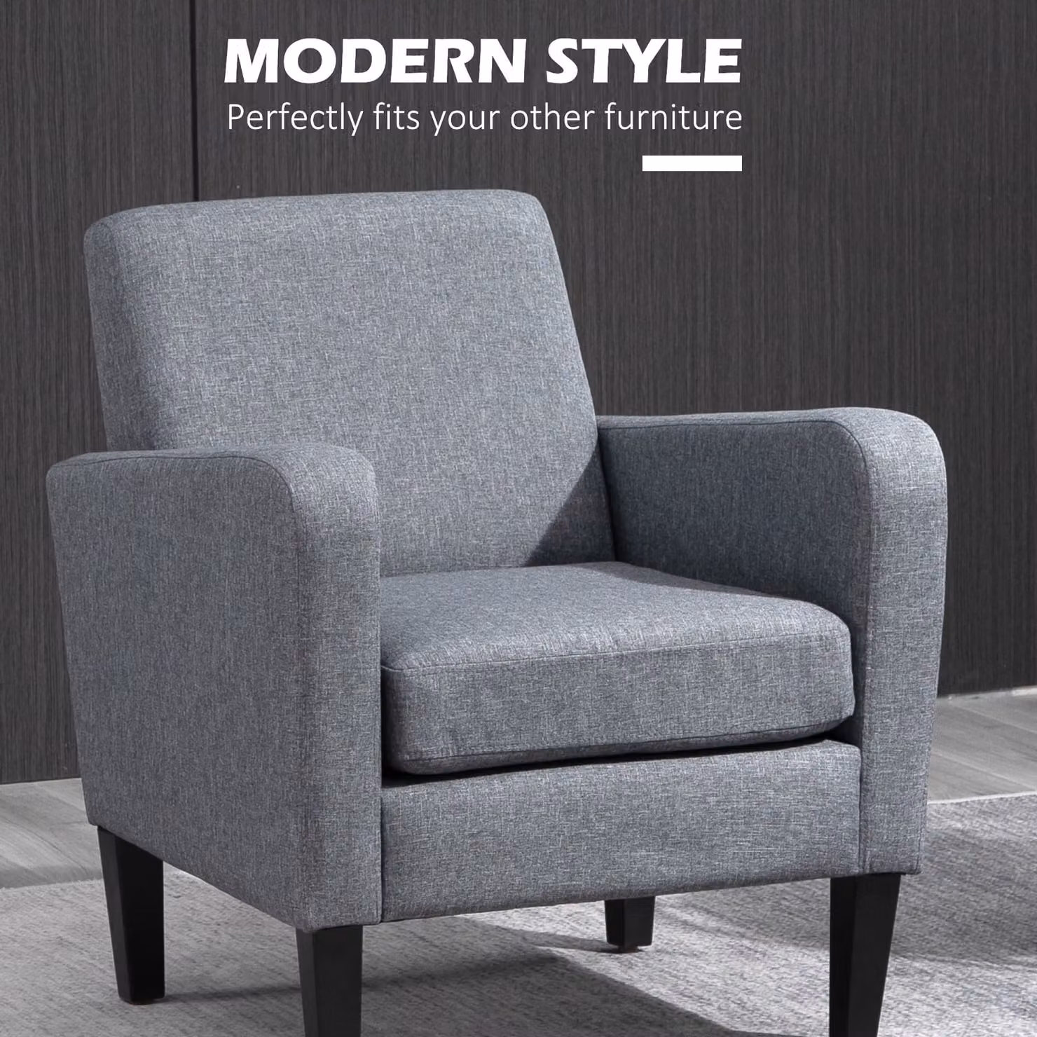 HOMCOM Set of 2 Modern Upholstered Grey Accent Armchairs with Rubberwood Legs – 4