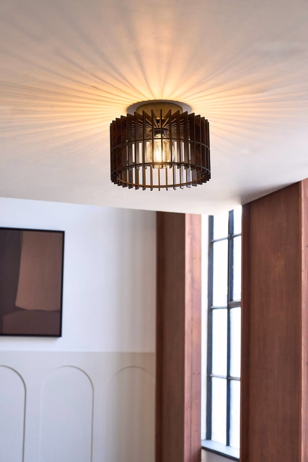 Industville Rift Slatted Wooden Drum Semi Flush Mount Ceiling Light in Gold and Brown – 3