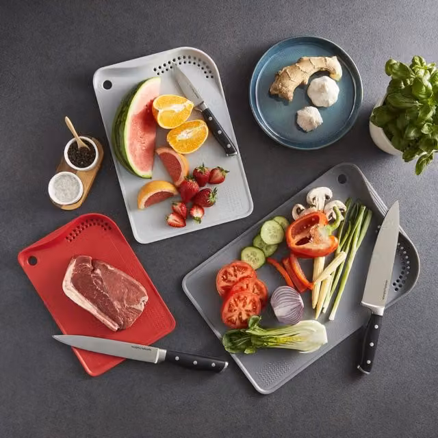 Morphy Richards 3 Piece Grey Rectangular Cutting Board Set with Non-Slip Feet and Dishwasher Safe Silicone and Plastic Construction