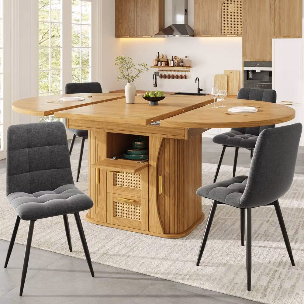 Matteo Extendable Dining Table with Rattan Storage Drawers in Natural Wood Look and Black/Brown Finish – 2