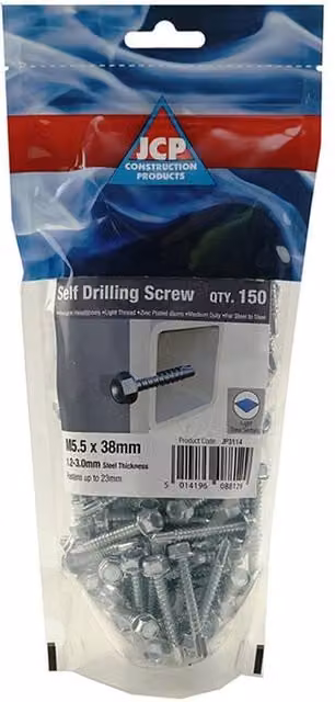 JCP Self-Drilling Metal Screws, Silver, 5.5 x 38 mm, Box of 750