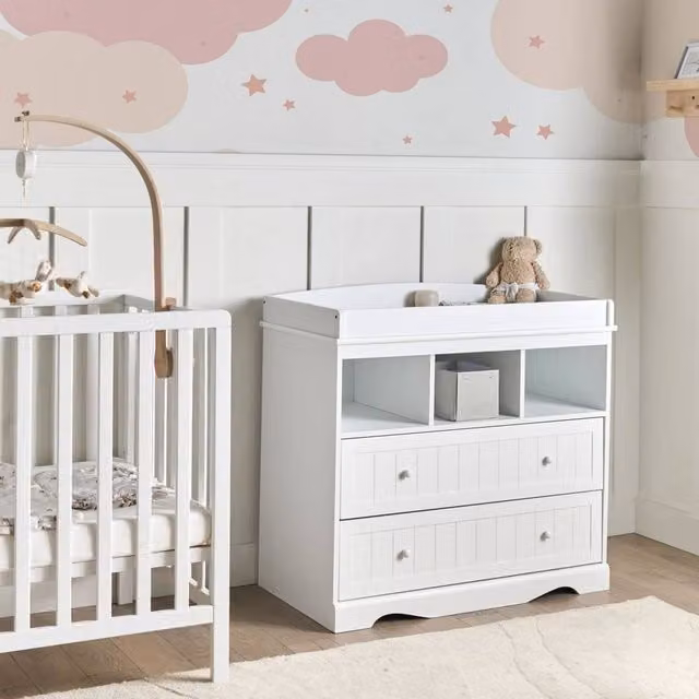 Wyld and Coco White Lacquered Changing Table Dresser with Shelves and Drawers, W: 90 cm, D: 50 cm, H: 86 cm – 1