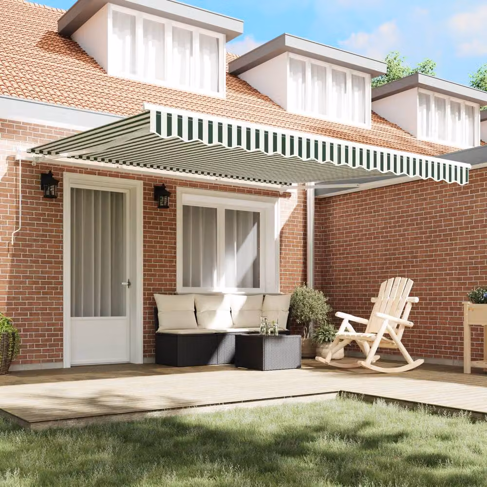 Berkfield Home Manual Retractable Wall-Mounted Awning, Green and White Striped Polyester, W: 400 cm, D: 300 cm – 3