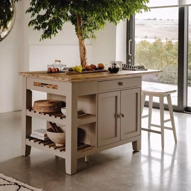 Florence Kitchen Island with Cupboard and Shelves in Truffle Acacia Wood, W/D/H: 150 x 90 x 91 cm