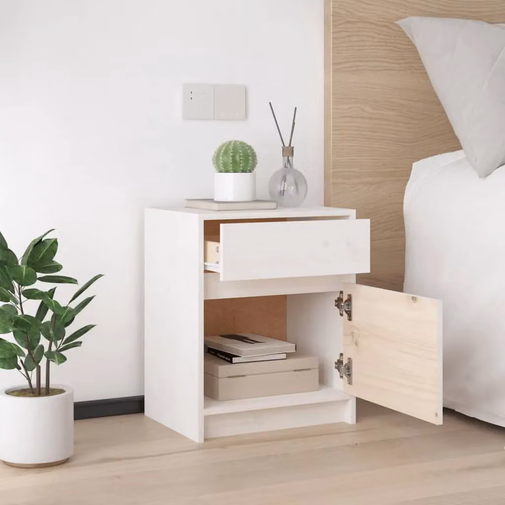 Berkfield Home Set of 2 White Solid Pinewood Bedside Cabinets, W: 40 cm, D: 31 cm, H: 50 cm – 2