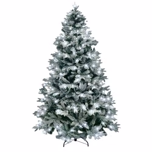 SHATCHI Lapland Fir Pre-Lit Artificial Christmas Tree with 320 White LEDs and Metal Stand, Green and White, Height: 210 cm – 1