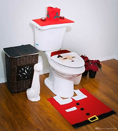 SHATCHI Christmas Santa 3-Piece Bathroom Set including Toilet Seat Cover, Tank Cover and Bath Mat, Red – 4