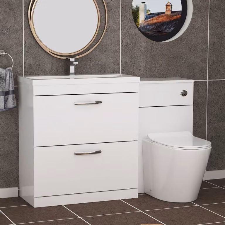 Royal Bathrooms ModernTurin Gloss White 2-Drawer Mid-Edge Basin and Cesar Back to Wall Toilet Pack, Width: 130 cm