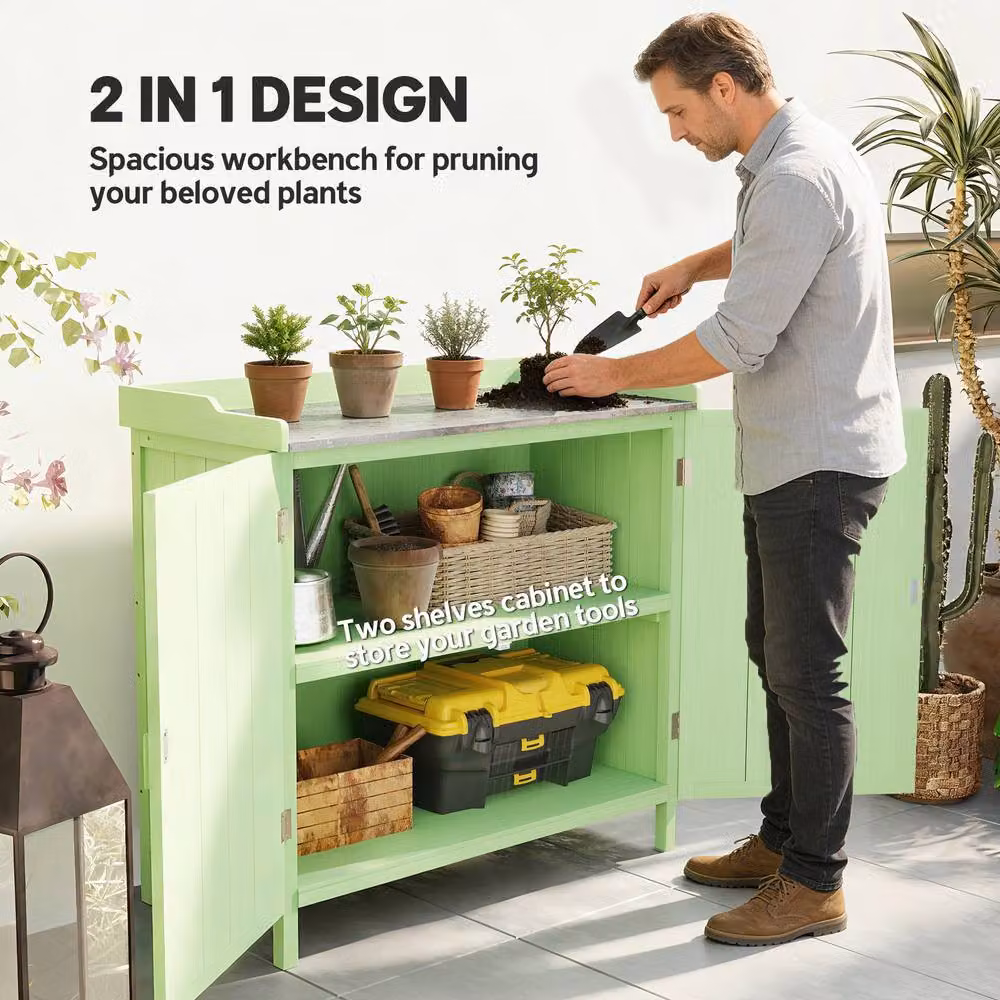 OUTSUNNY Garden Storage Cabinet Potting Bench Table with Galvanised Steel Top in Light Green – 4