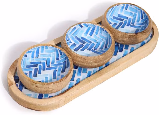 KDMK Blue Striped Mango Wood Rectangular Tray with 3 Bowls