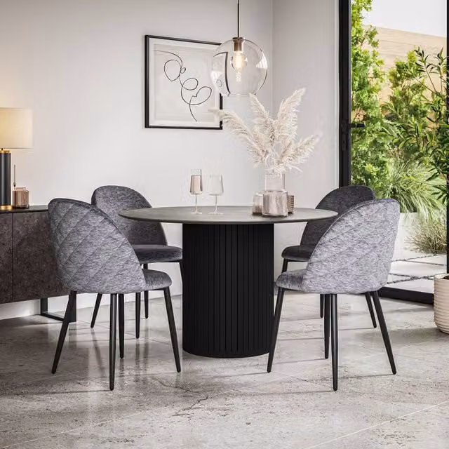More4Homes Arlo Concrete Round Dining Table with Black Legs and 4 Raye Grey Velvet Dining Chairs Set, W/D/H: 120 x 120 x 75 cm