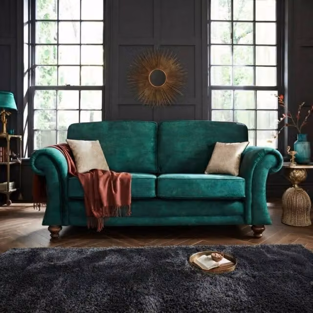 Stratus Interiors Grosvenor Green Velvet Fabric Upholstered Modern Sofa with Scatter Cushions and Solid Wood Frame – 1