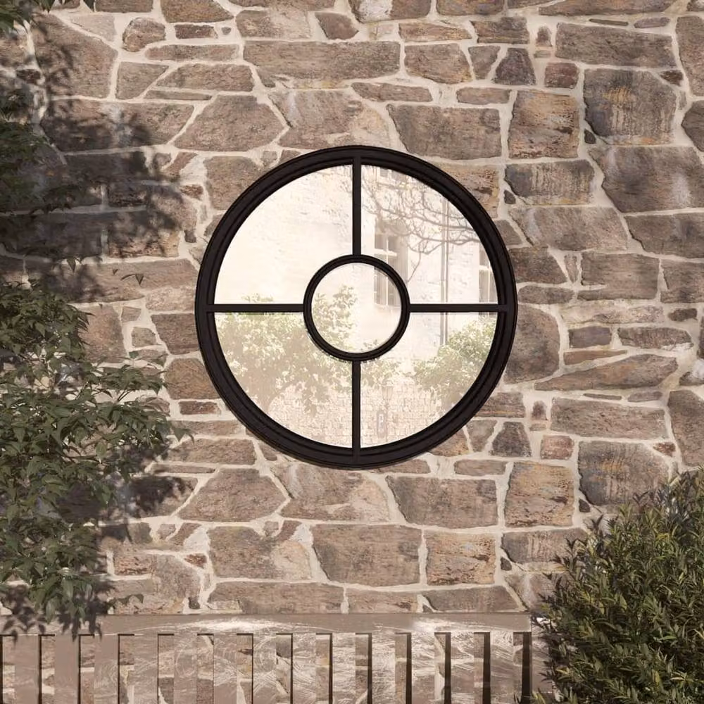Berkfield Home Round Geometric Decorative Garden Mirror in Black Metal, Diameter: 40 cm – 2