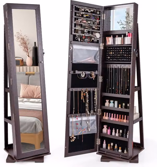 COSTWAY Rotating Mirrored Jewelry Cabinet in Brown