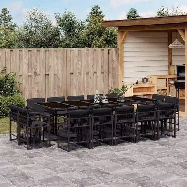 Berkfield Home 15 Piece Black Poly Rattan Garden Dining Set with Cushions – 1