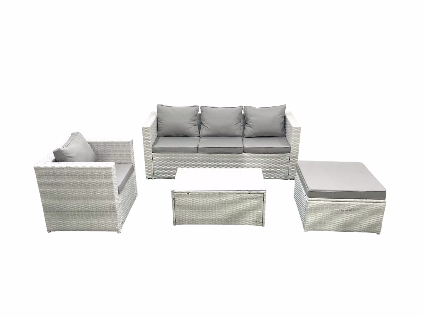 Fimous 5 Seater Rattan Garden Furniture Set in Light Grey with 3 Seater Sofa, Chair, Rectangular Coffee Table and Footstool – 2