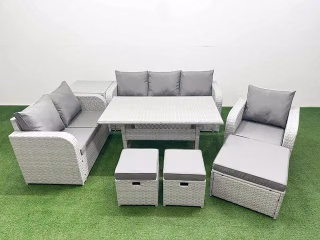 Fimous 9 Seater Grey PE Wicker Outdoor Rattan Furniture Set with Rectangular Dining Table, Reclining Chairs, 3 Seater Sofa, Loveseat, and Stool