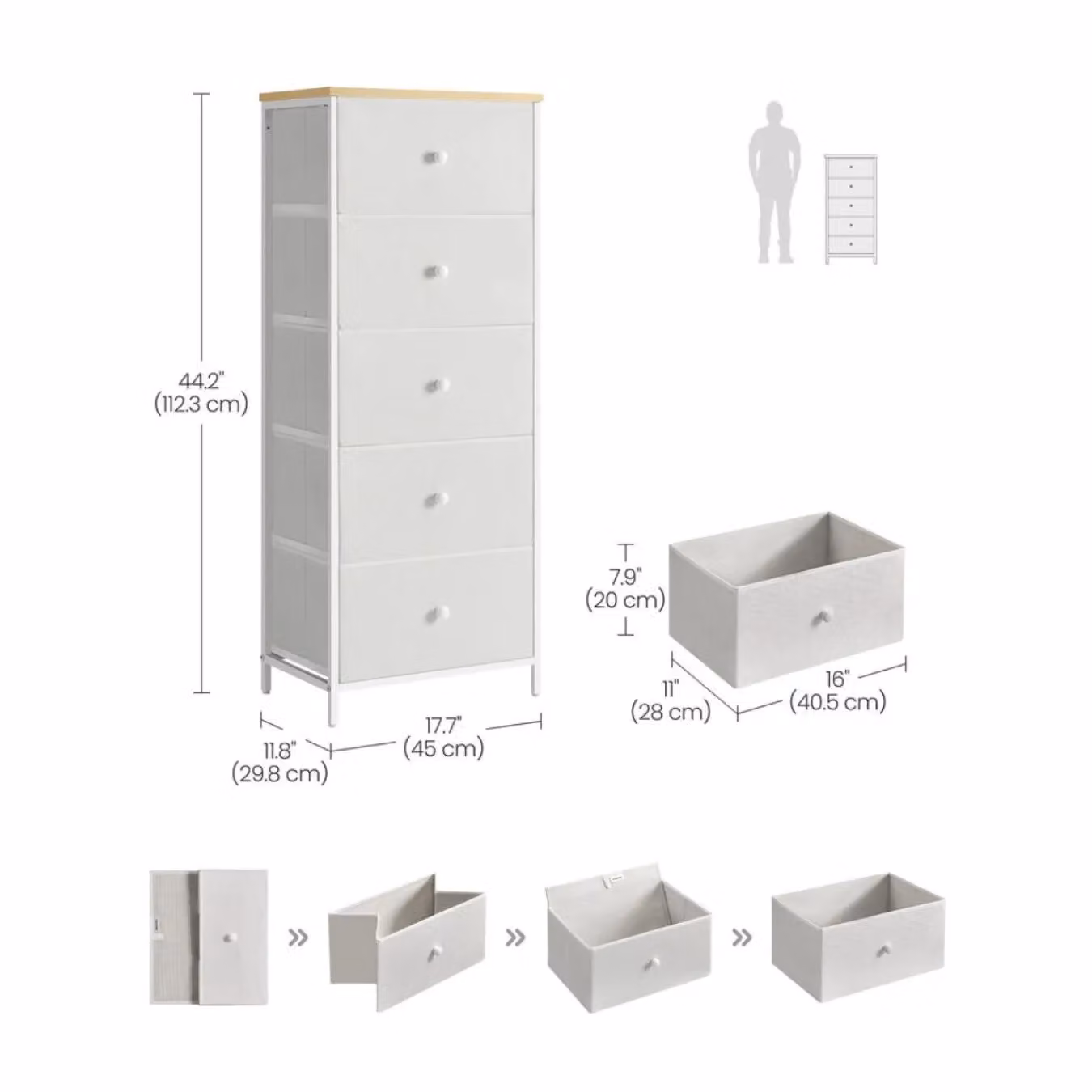SONGMICS Slim Chest of Drawers with 5 Fabric Drawers and Metal Frame in White – 2