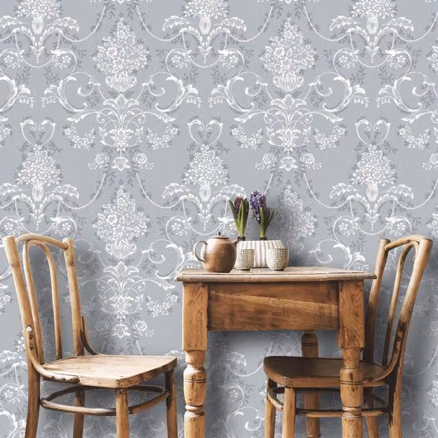 Rasch Amelie Damask Floral Wallpaper in Blue and White