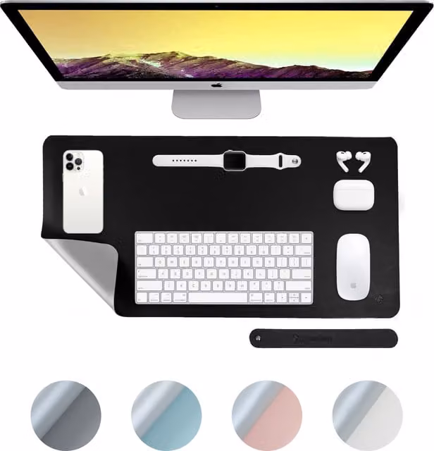 Desiretech Reversible PU Leather Desk Mat and Mouse Pad, Black and Silver, W: 60 cm, D: 35 cm