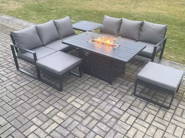 Fimous Aluminium Outdoor Lounge Sofa Garden Furniture Set with Gas Fire Pit Dining Table, 2 Big Footstools and Side Table in Dark Grey