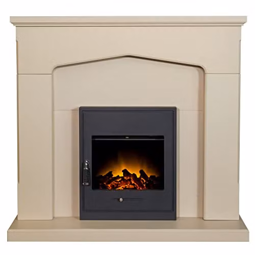 Adam Fires & Fireplaces Adam Cotswold Stone Effect Fireplace with Black Oslo Electric Inset Stove, 48 Inch, Cream/Beige