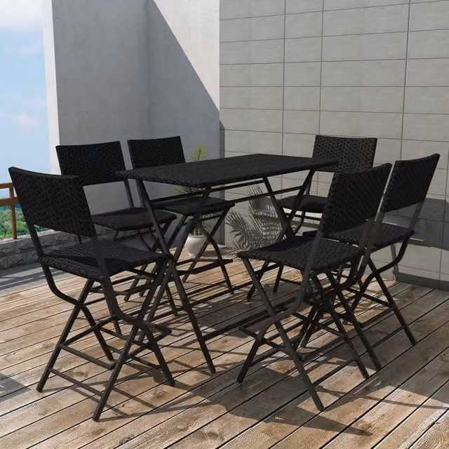Berkfield Home 7 Piece Folding Outdoor Dining Set in Black Poly Rattan and Powder Coated Steel – 1