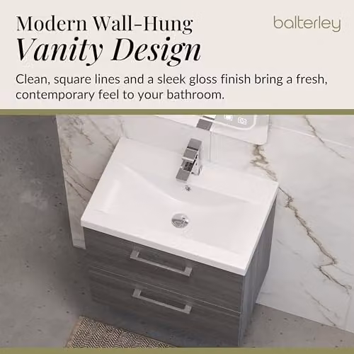 Balterley Wall Hung Bathroom Vanity Unit with Basin and 2 Soft Close Drawers, Woodgrain Anthracite, W: 61.0 cm, D: 39.0 cm, H: 57.9 cm – 3