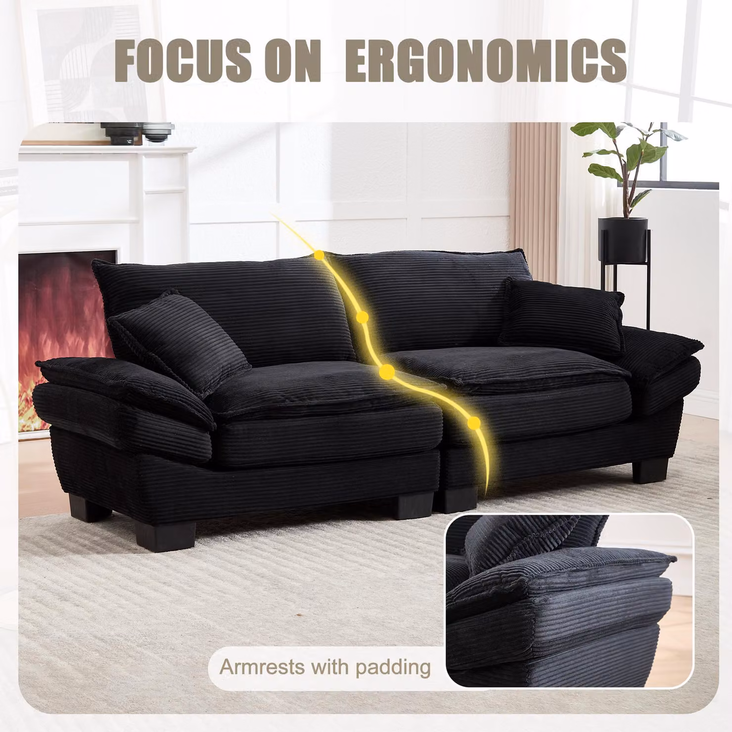 Aosom UK Oversized Two-Seater Sofa with Modern Deep-Seated Modular Design and Ergonomic Curves in Black, W: 224 cm, D: 81 cm, H: 81 cm – 4