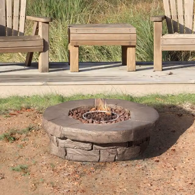 Teamson Home Brown Round Stone Effect Propane Gas Fire Pit Table with Lava Rocks and Cover – 1