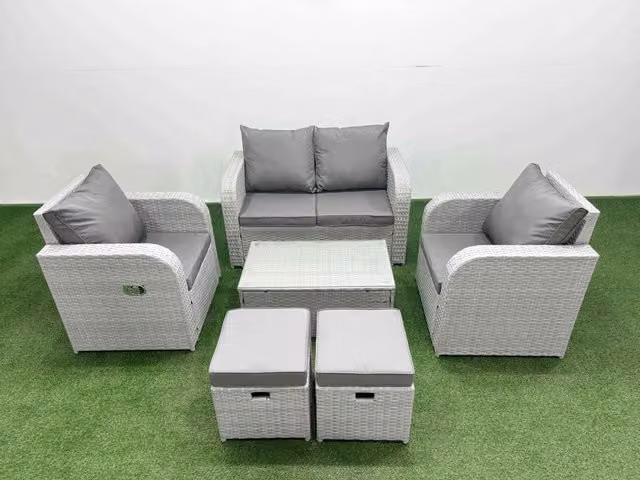 Fimous 6 Seater Grey PE Wicker Rattan Garden Furniture Set with Reclining Chairs, Coffee Table and Ottomans