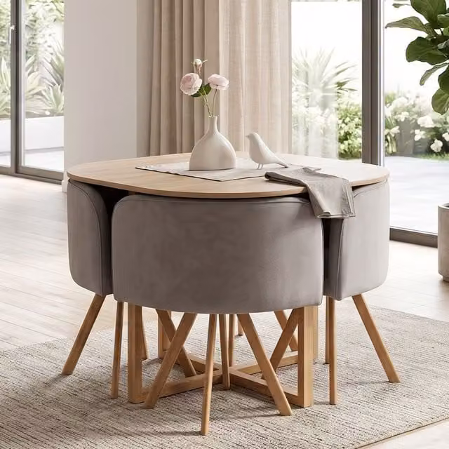 KOSY KOALA Space Saving Dining Set with Square Wood Table and 4 Grey Velvet Chairs in Brown