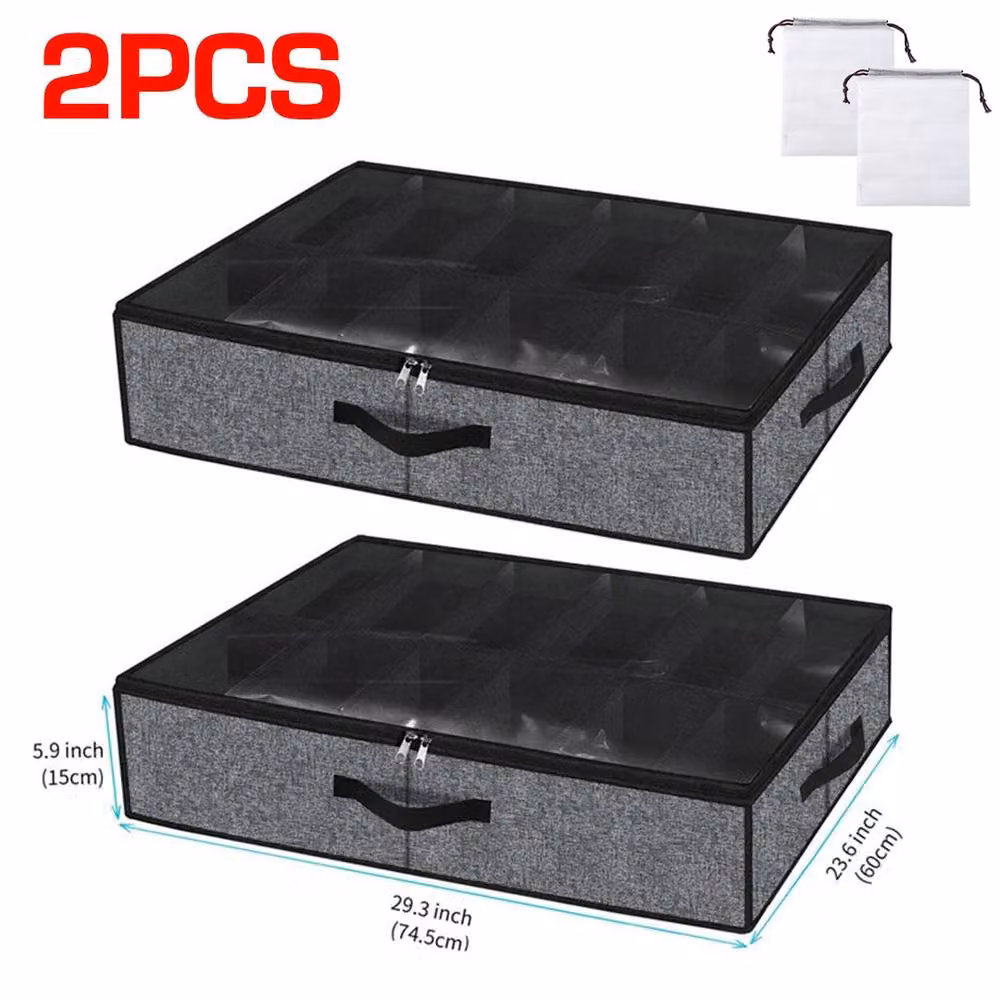 Ventryn 2-Piece Foldable Under Bed Shoe Storage Organisers in Grey with Transparent Windows – 2