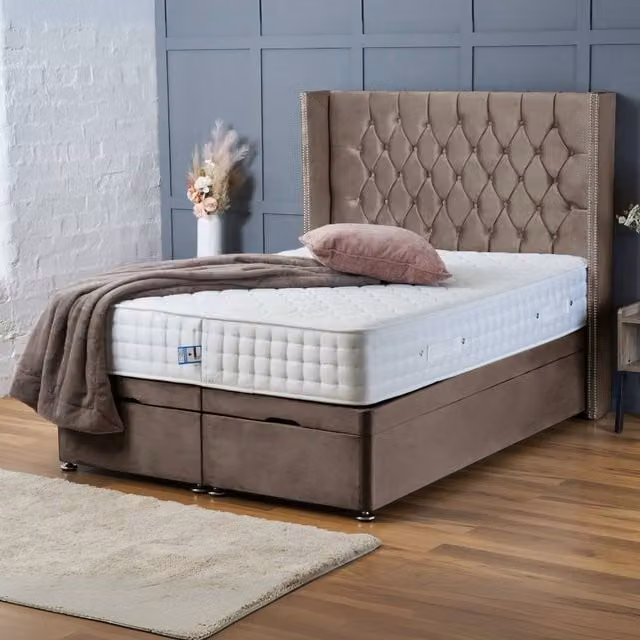 BSSPOKE Olivia Ottoman Divan Bed with 54 inch Headboard and Mattress in Taupe Plush Velvet, W/D/H: 180 x 200 cm