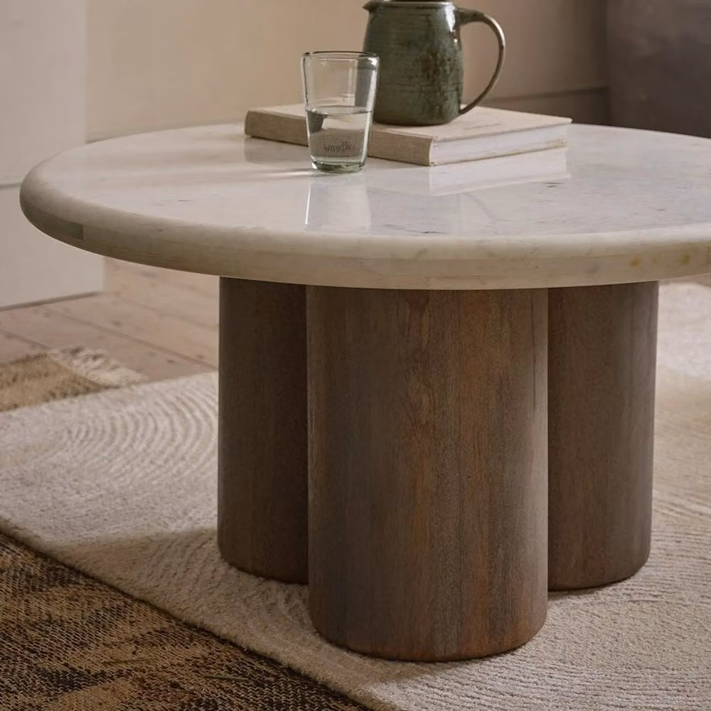 Atkin & Thyme Column Marble Coffee Table in White and Grey