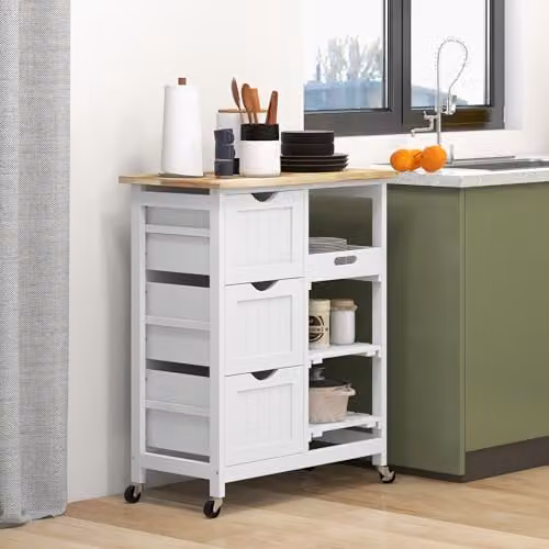 HOMCOM Rolling Kitchen Island Cart with Wood Top and Castors, White, W/D/H: 67 x 37 x 85.5 cm – 2