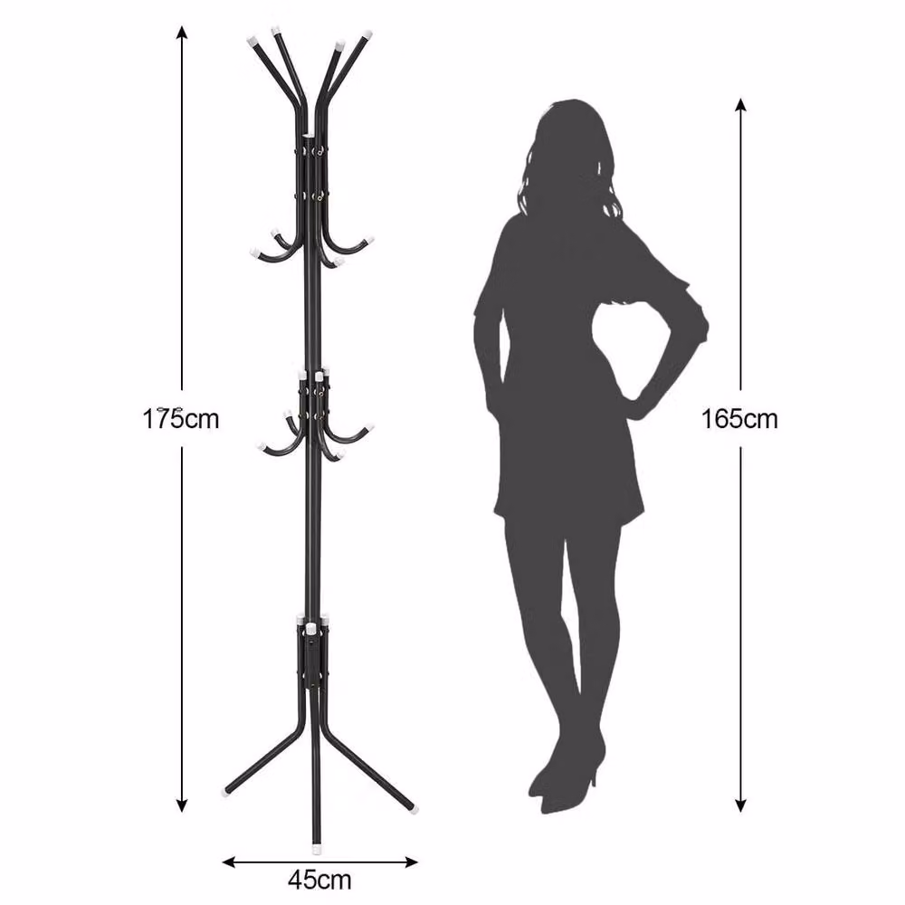 Kelvenix Modern Black Metal Coat Stand with 12 Hooks and Tripod Base, H 175 x W 45 x D 45 cm – 2